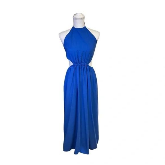 GIANNI BINI Trina Maxi DRESS M L XL Halter Sleeveless Cut Out Tie Back Blue NEW - Picture 4 of 6